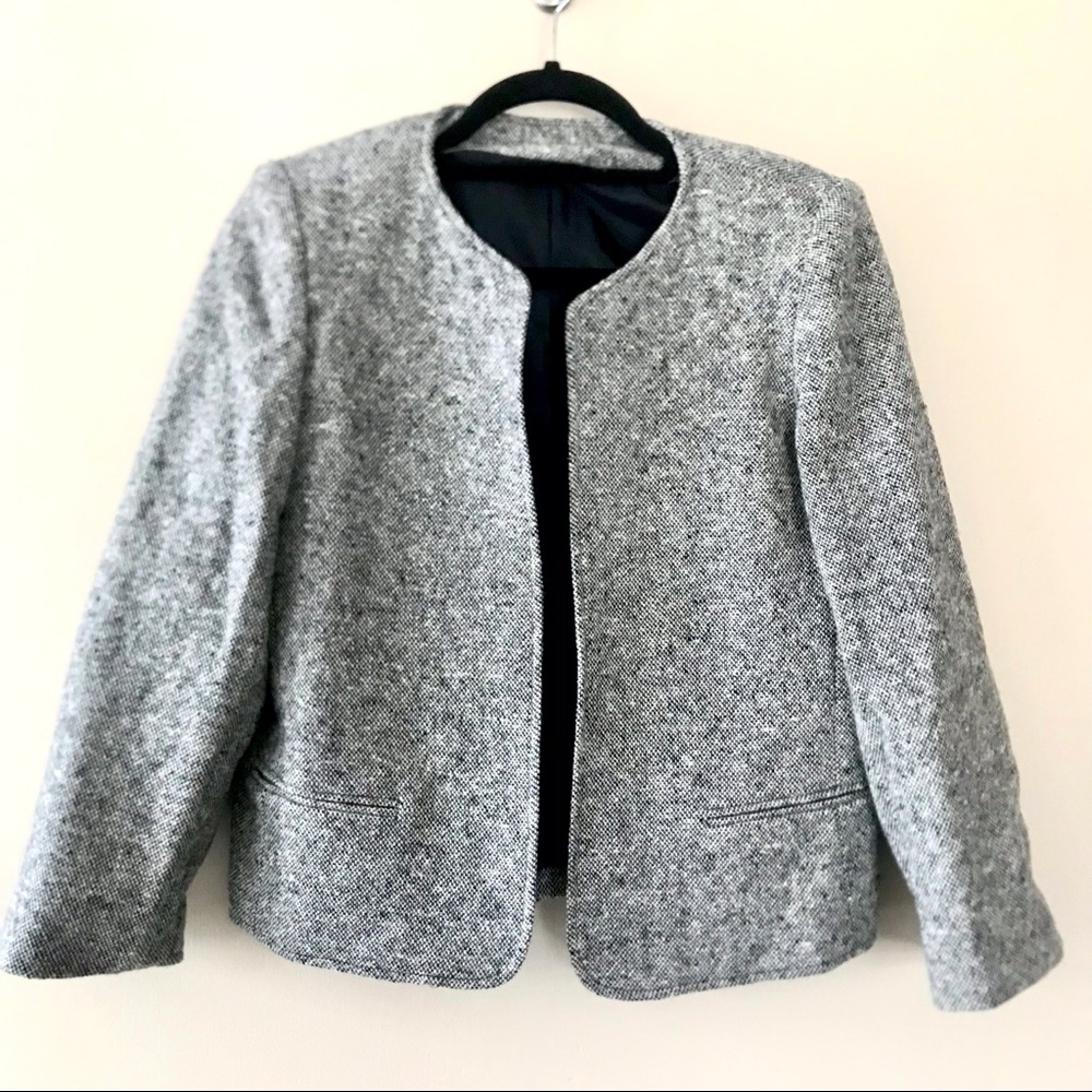 Vintage Orvis Gray Tweed Open Front Wool Blazer Sz 8 Petite Suit Jacket